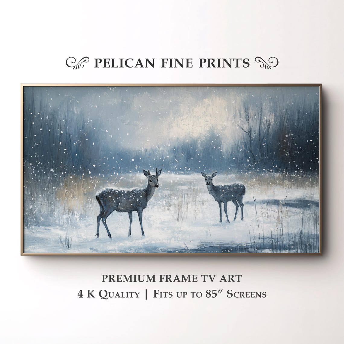 Two Deer in Falling Snow Winter Meadow Serene Wildlife Art Poster