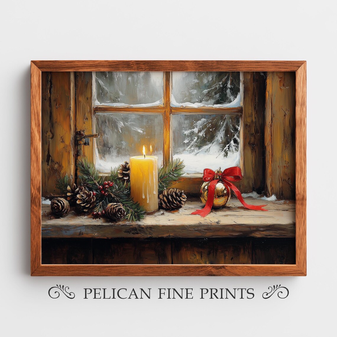 Rustic Cabin Windowsill With Candle, Winter Decor