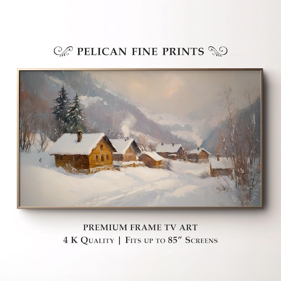 Rustic Snowy Winter Village Wooden Cottages Mountain Landscape Wall Art