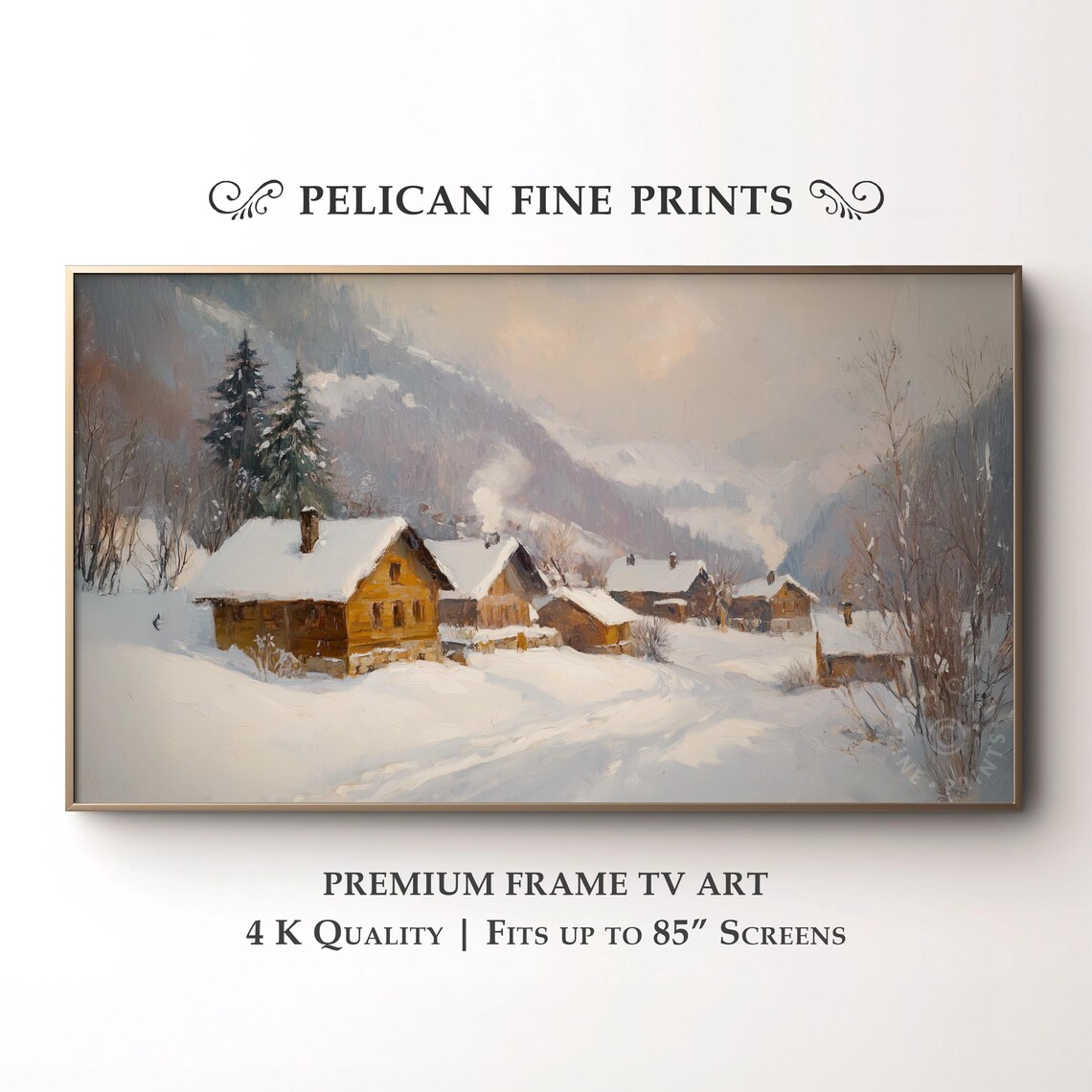 Rustic Snowy Winter Village Wooden Cottages Mountain Landscape Wall Art