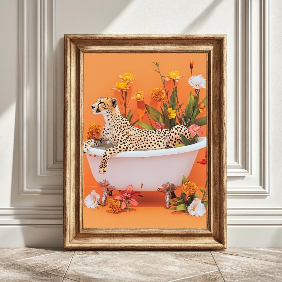 Flowers and Cheetah Print Bathtub Illustration Poster