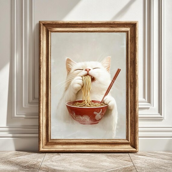White Cat Eating Ramen, Cute Kawaii Cat Artwork