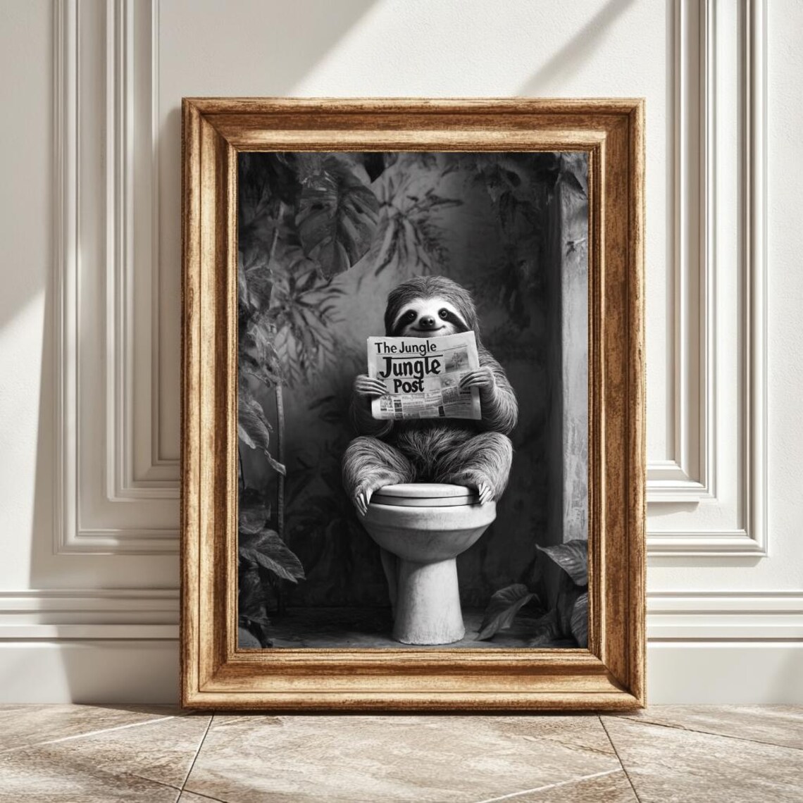 Sloth Toilet Newspaper Art Print, Bathroom Decor