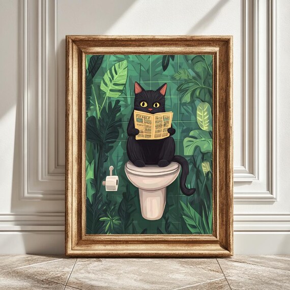 Black Cat On Toilet Reading Newspaper, Funny Cat Bathroom Decor