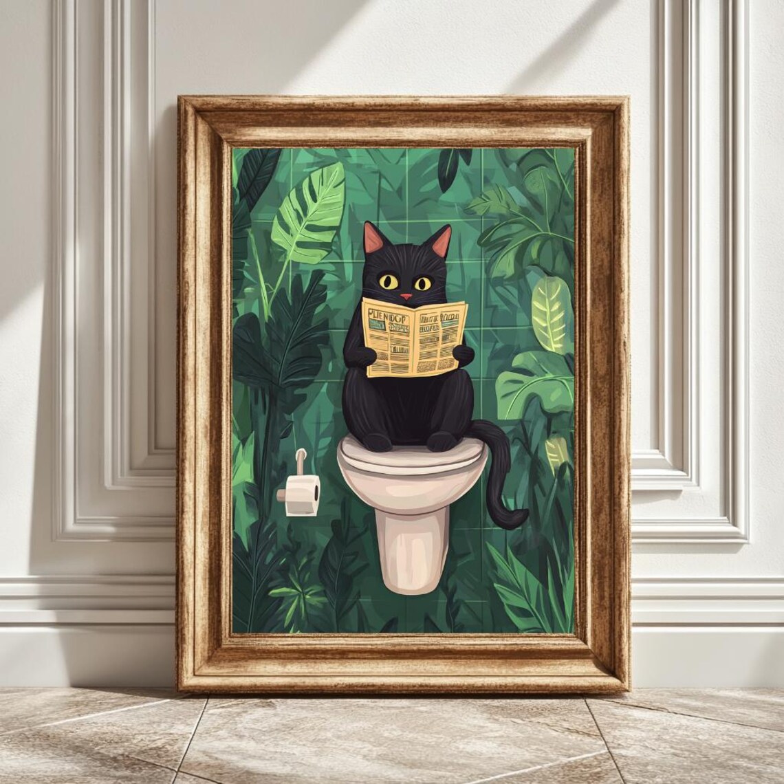 Black Cat On Toilet Reading Newspaper, Funny Cat Bathroom Decor