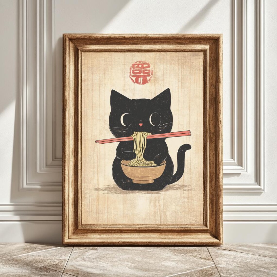 Black Cat Eating Ramen, Japanese-Inspired Art Print