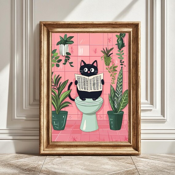 Black Cat On Toilet Reading Newspaper, Bathroom Decor
