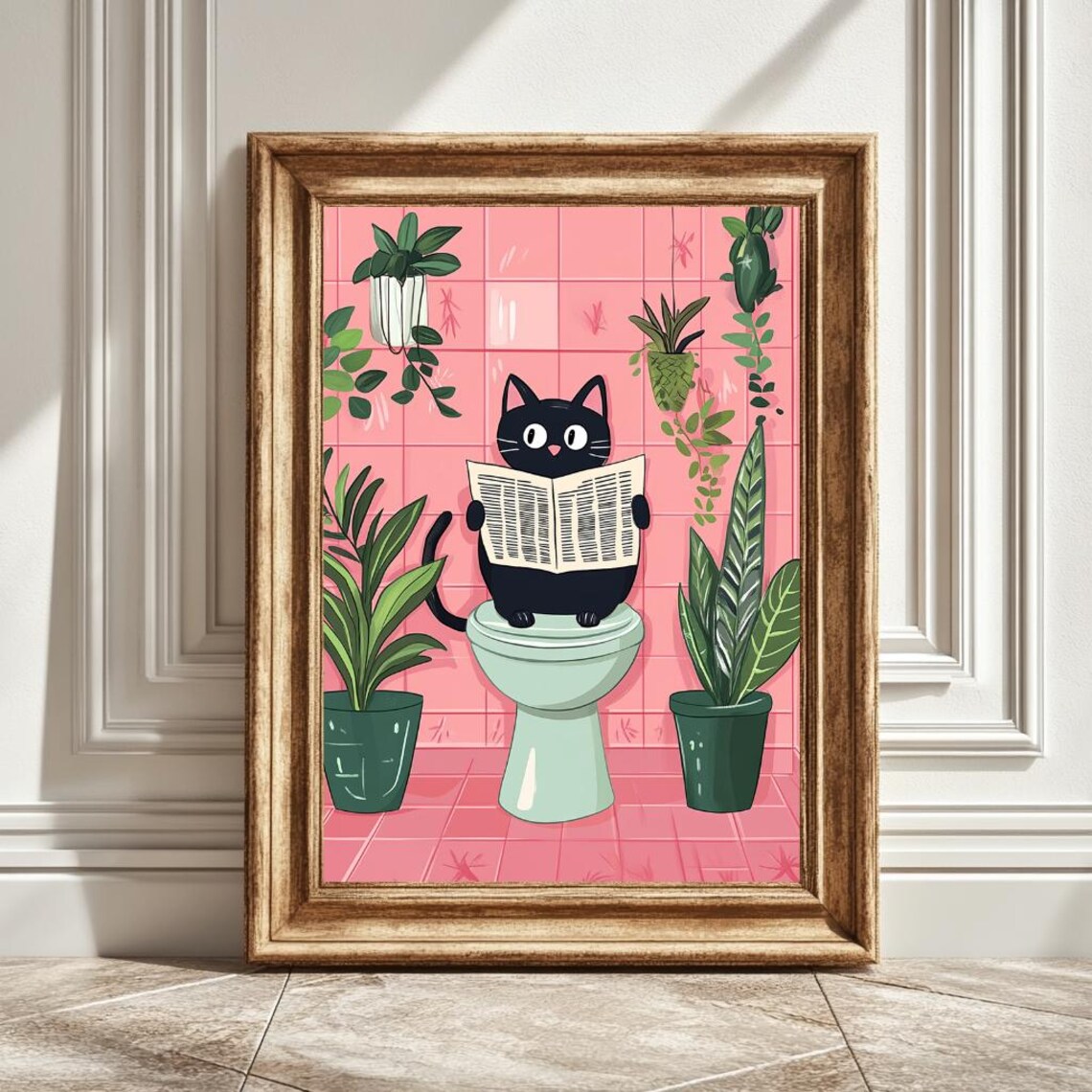 Black Cat On Toilet Reading Newspaper, Bathroom Decor