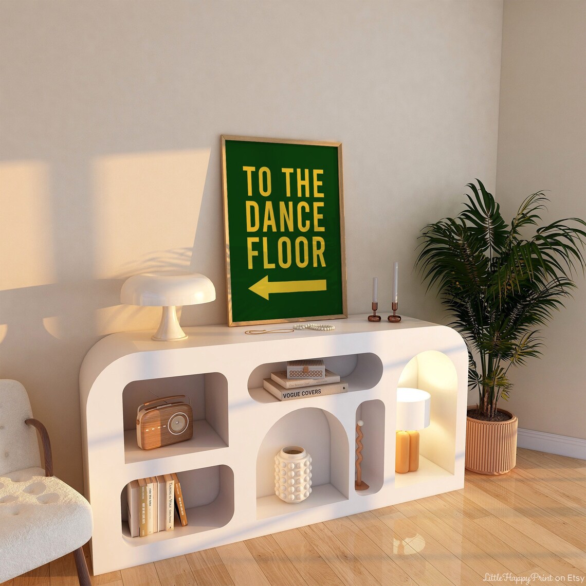 To the Dance Floor Retro Disco Arrow Yellow on Green Party Wall Art