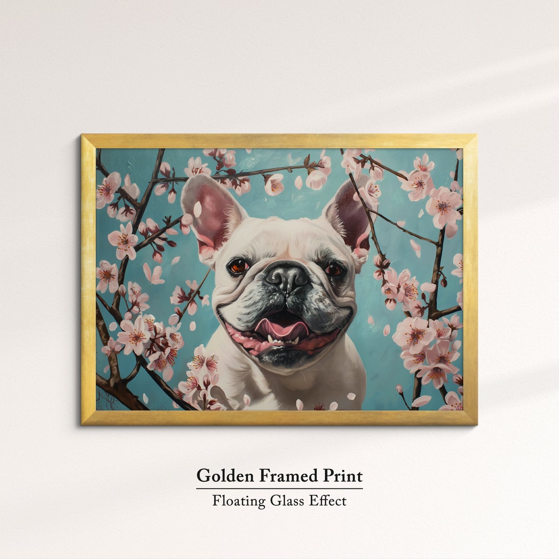 Cheerful White French Bulldog In Cherry Blossoms Teal Sky Dog Poster - Image 5