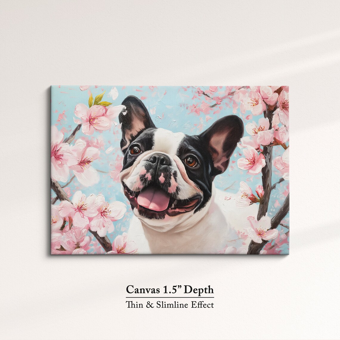Black And White French Bulldog Smiling In Spring Cherry Blooms Poster - Image 3