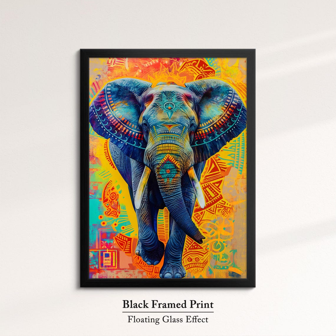 Blue Tribal Elephant Colorful Orange Yellow Folk Pattern Wall Poster - Image 8