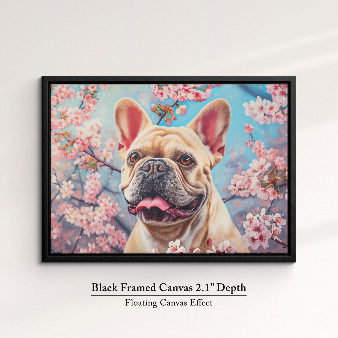 Fawn French Bulldog Tongue Out In Pink Blossoms Cheerful Art Poster - Image 2