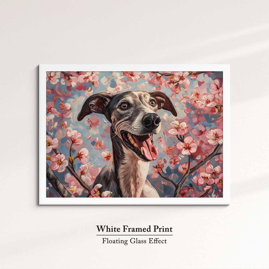 Black Greyhound Smiling In Pink Blossoms Bold Modern Pet Art Poster - Image 7