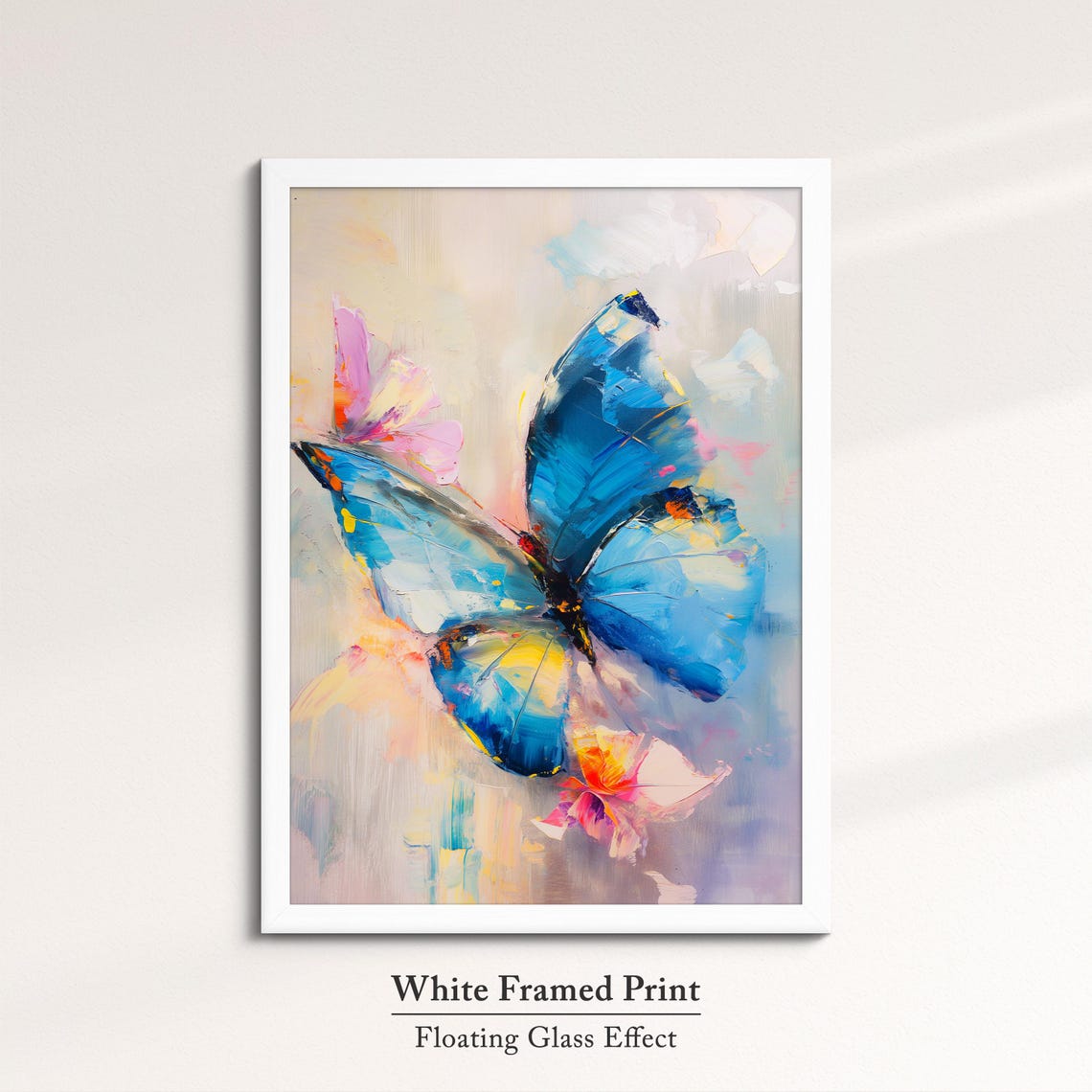 Blue Butterfly In Flight Pink Flower Soft Pastel Nature Wall Art - Image 7