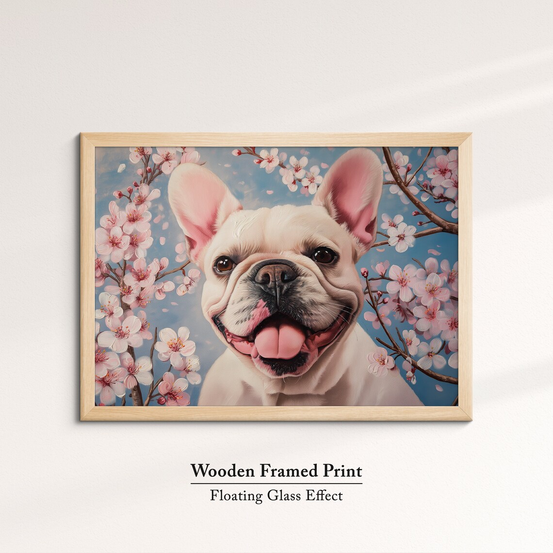 White French Bulldog Smiling In Cherry Blossoms Blue Sky Art Poster - Image 6
