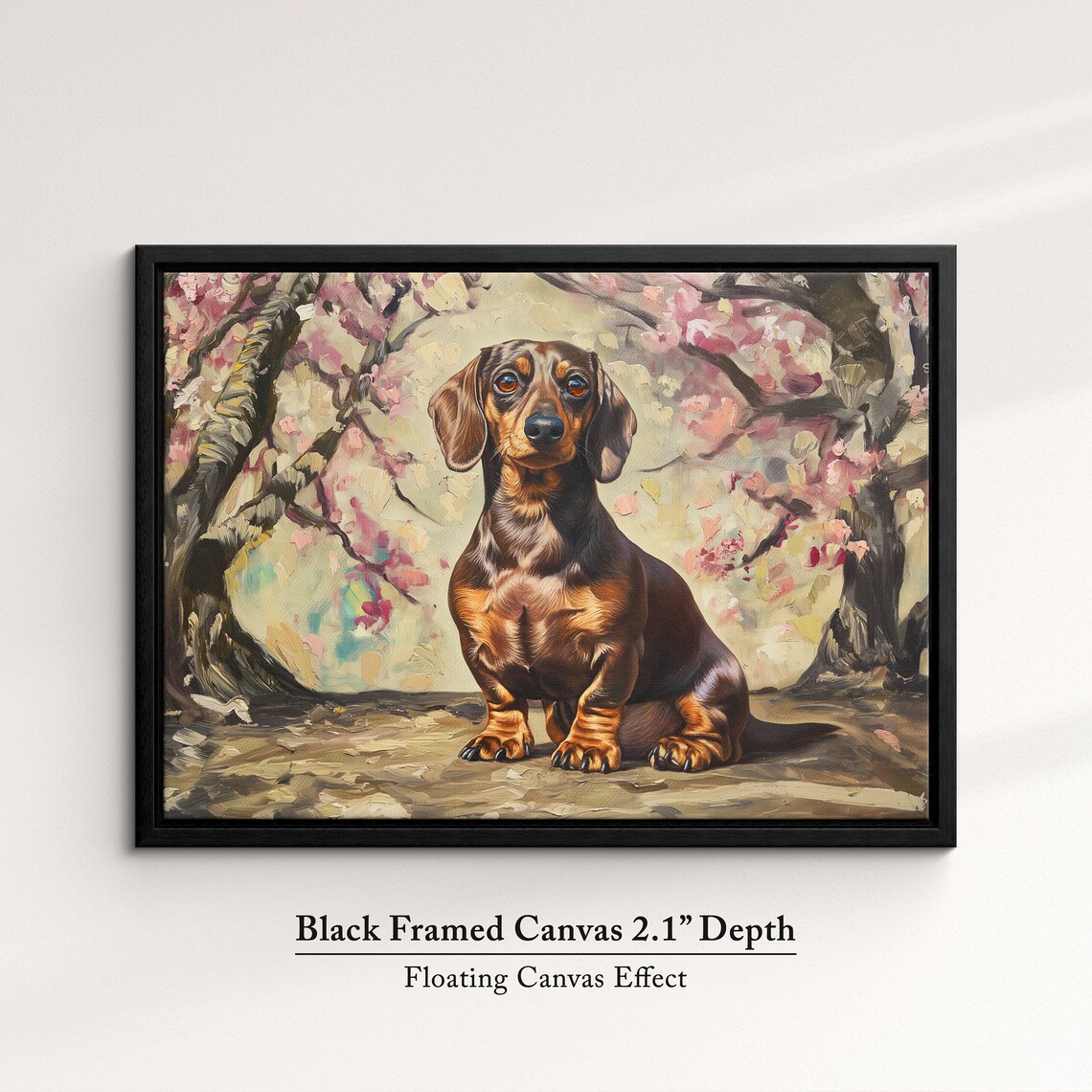 Black And Tan Dachshund Sitting Among Cherry Blossoms Oil Art Poster - Image 2