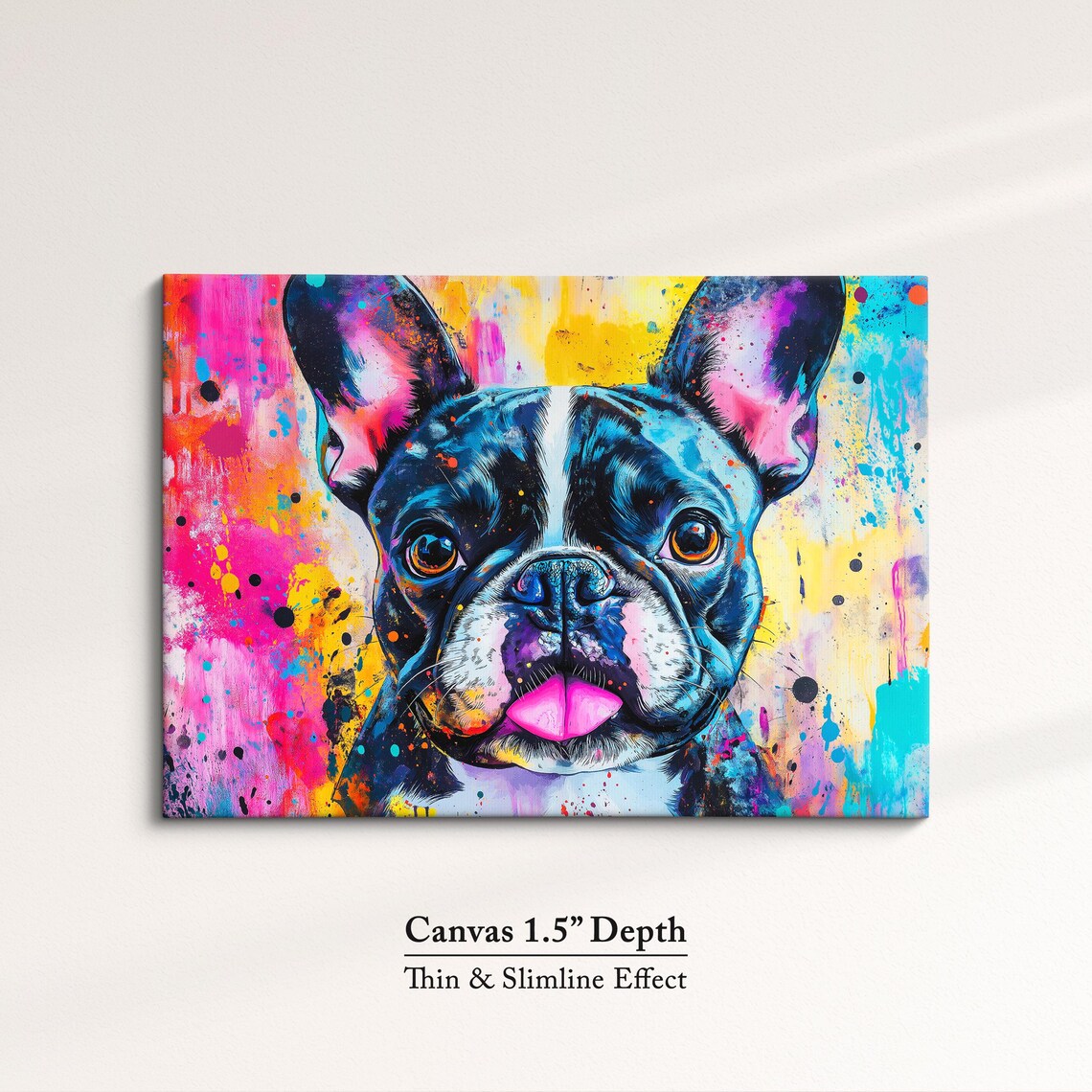 Happy French Bulldog Portrait Pink Yellow Splatter Dog Wall Art Print - Image 3