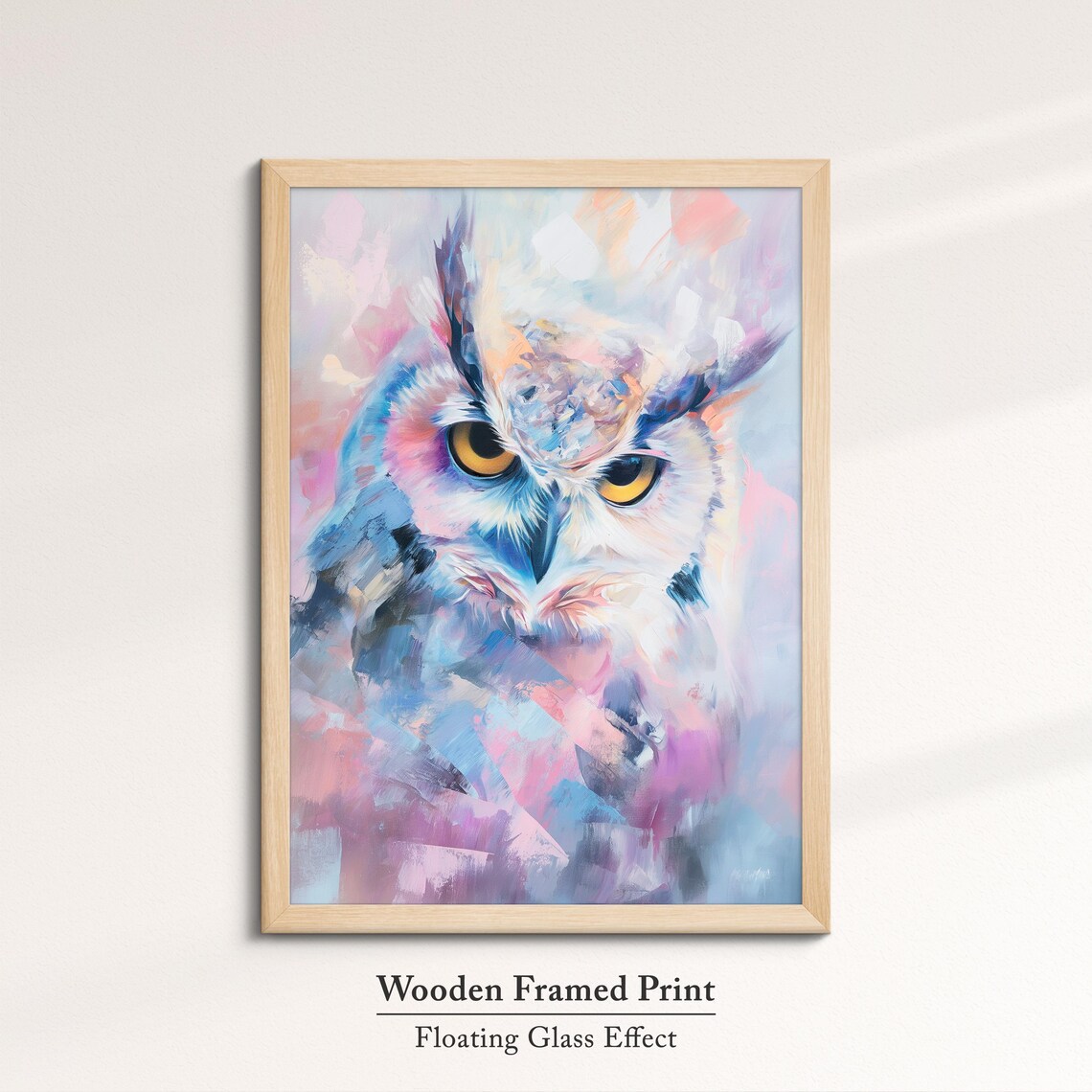 White Horned Owl Yellow Eyes Pink Blue Pastel Abstract Bird Art Poster - Image 6