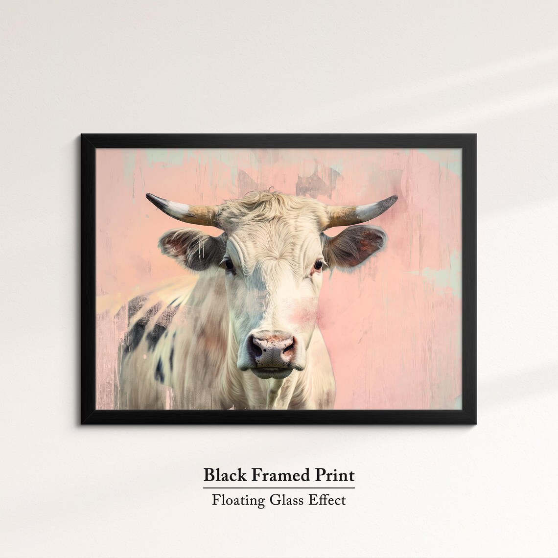 White Horned Cow Pink Pastel Farm Animal Portrait Painting Art Poster - Image 8