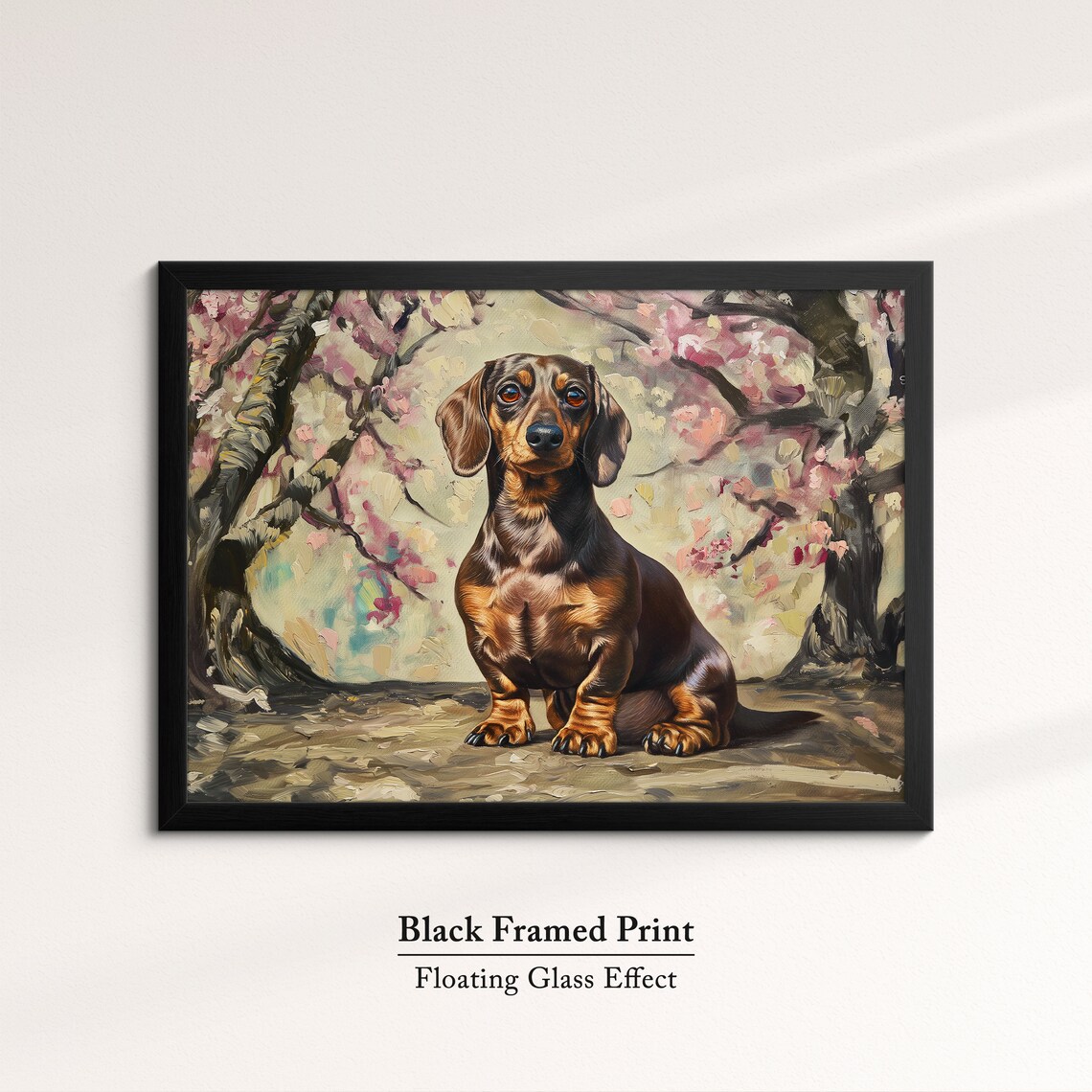 Black And Tan Dachshund Sitting Among Cherry Blossoms Oil Art Poster - Image 8