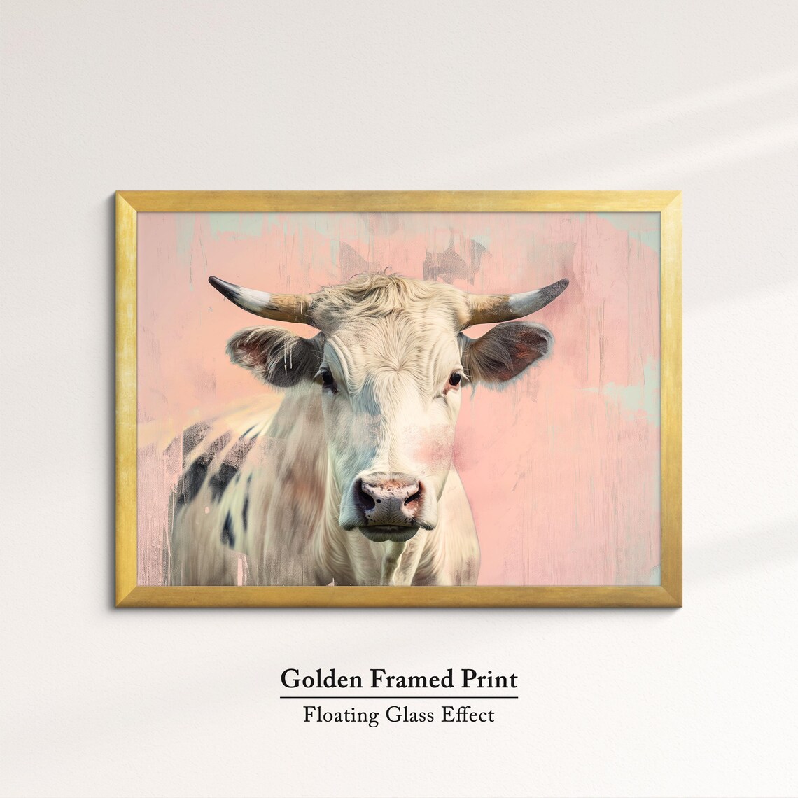 White Horned Cow Pink Pastel Farm Animal Portrait Painting Art Poster - Image 5