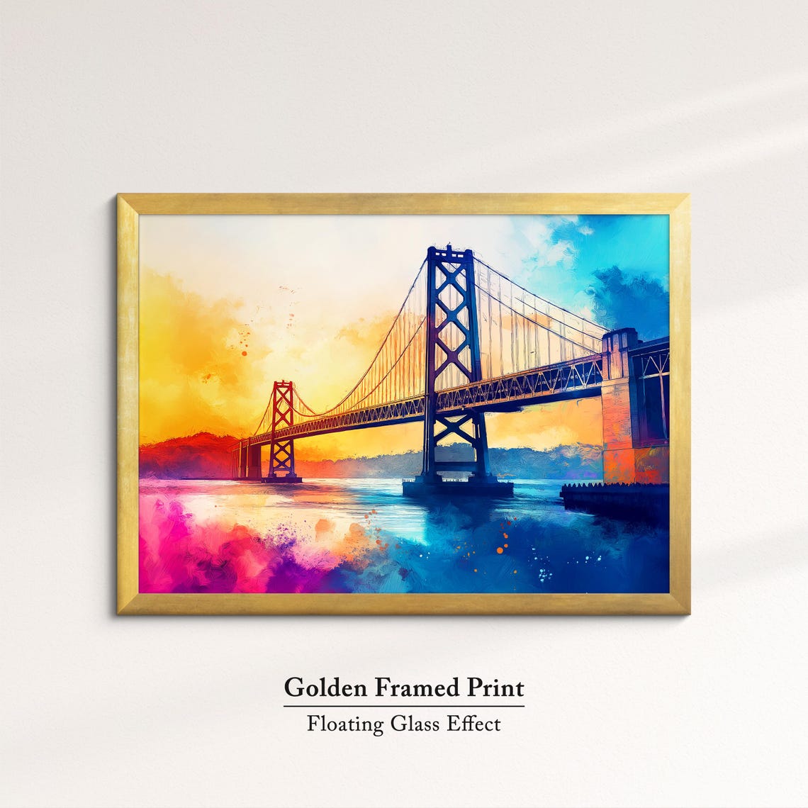 San Francisco Bay Bridge Sunset Watercolor Vibrant Orange Sky Poster - Image 5