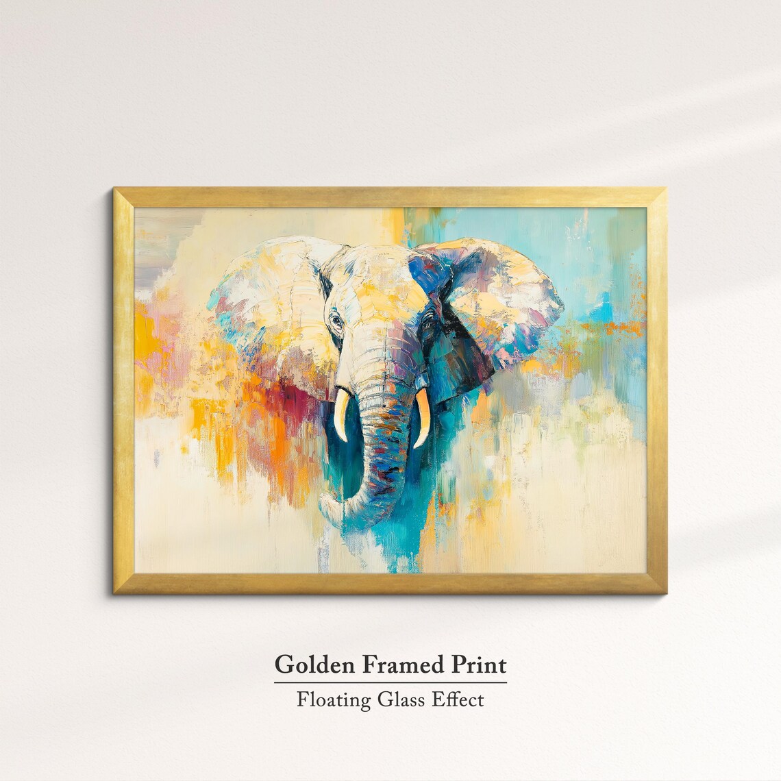 Elephant Head Abstract Oil Painting Pastel Yellow Blue Turquoise Print - Image 5