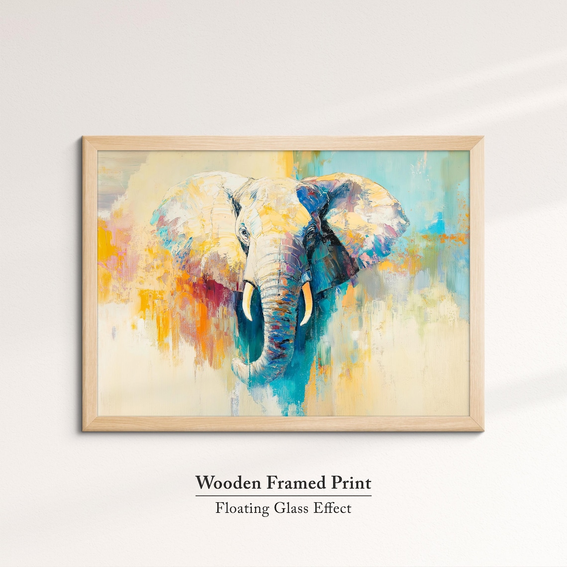 Elephant Head Abstract Oil Painting Pastel Yellow Blue Turquoise Print - Image 6