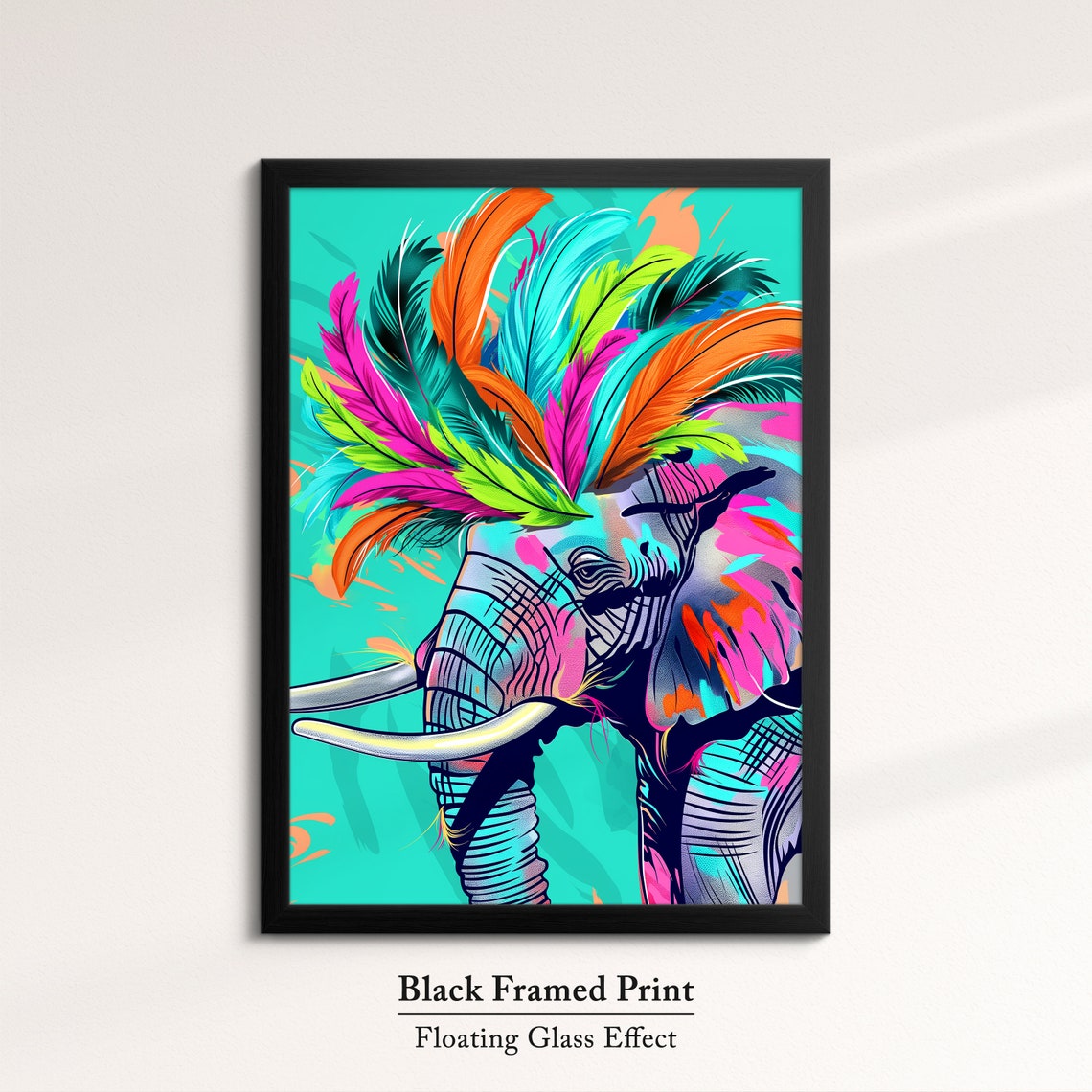 Elephant Side Profile With Neon Feather Headdress Turquoise Poster - Image 8