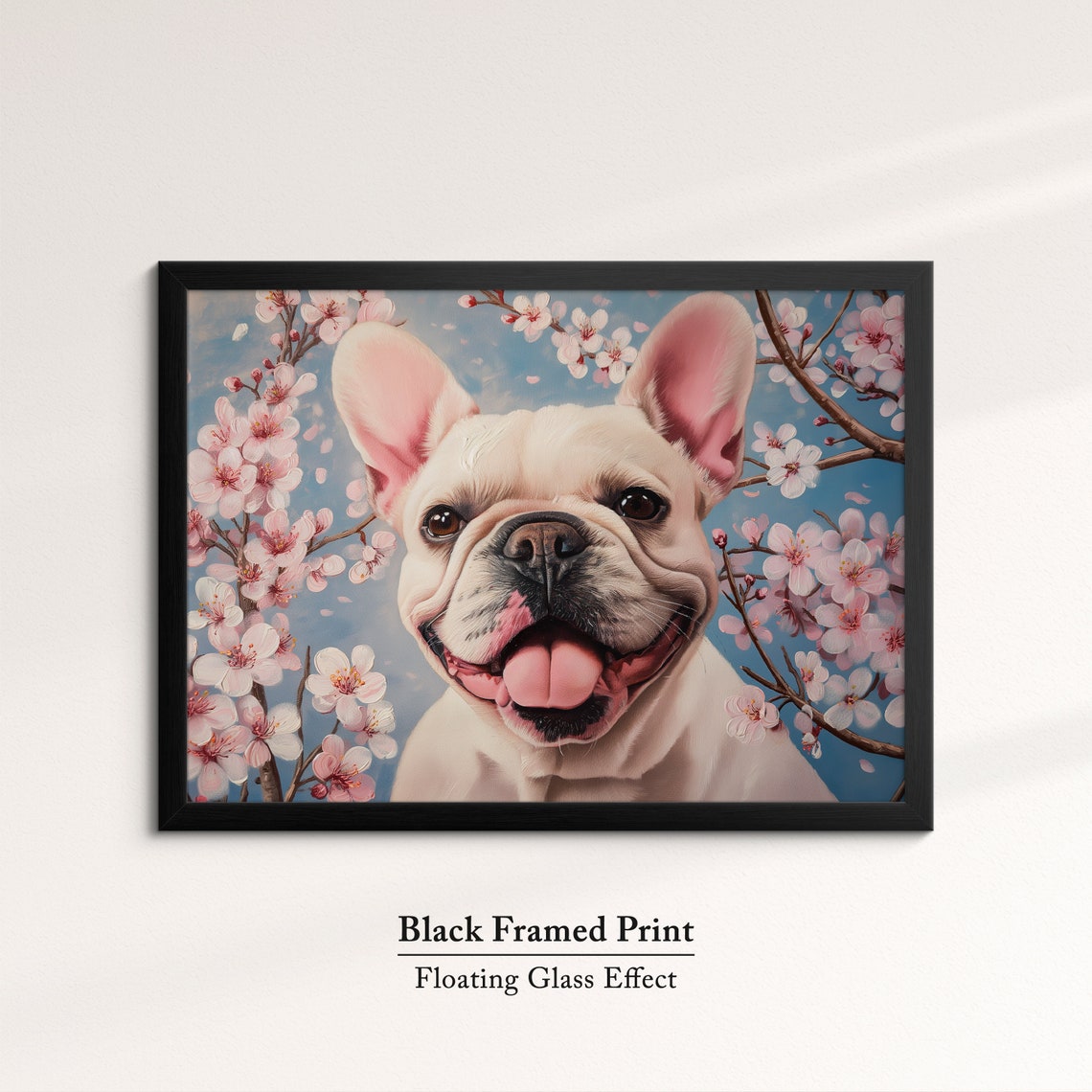 White French Bulldog Smiling In Cherry Blossoms Blue Sky Art Poster - Image 8