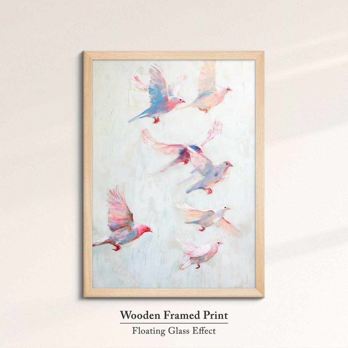 Pink Birds In Flight Soft White Pastel Flock Abstract Wall Art - Image 6