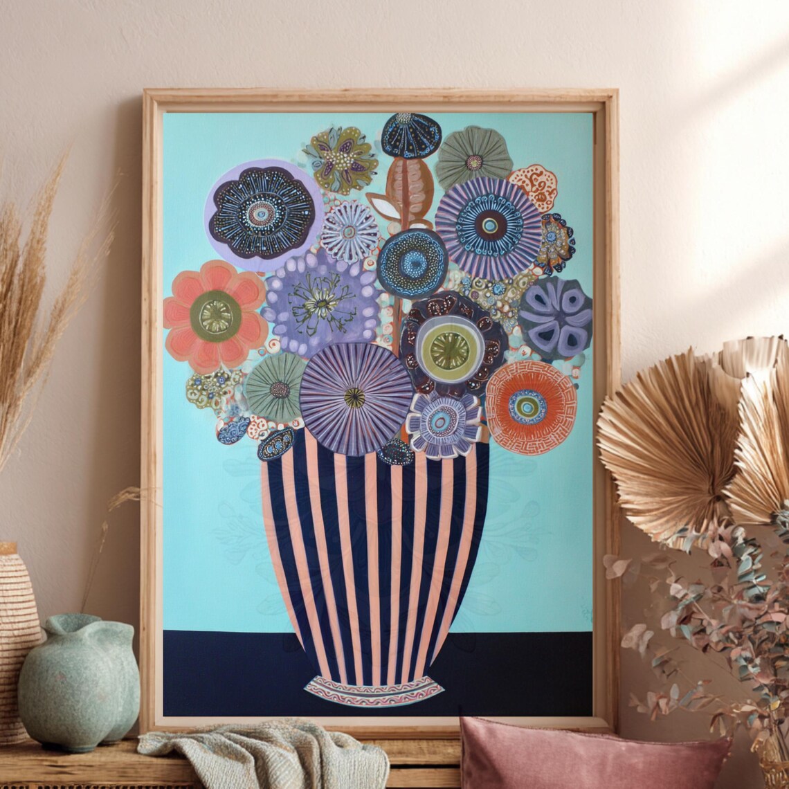 Whimsical Patterned Flowers Striped Navy Vase Turquoise Floral Art Poster