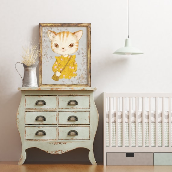 Cute Kitten In Yellow Floral Dress Nursery Whimsical Cat Art Poster