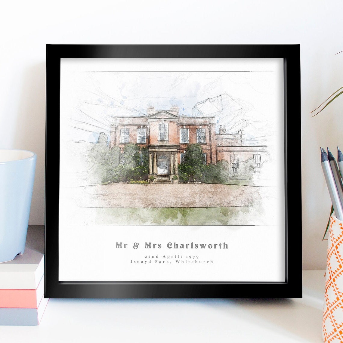 Iscoyd Park Whitchurch Wedding Venue Watercolor Sketch Print