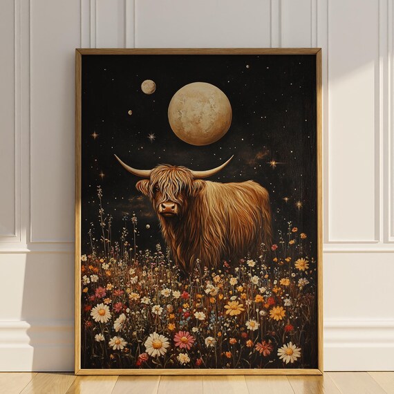 Highland Cow Wildflowers Celestial Boho Western Art Print