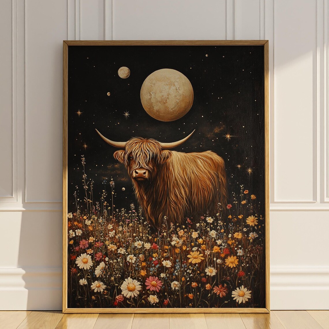 Highland Cow Wildflowers Celestial Boho Western Art Print