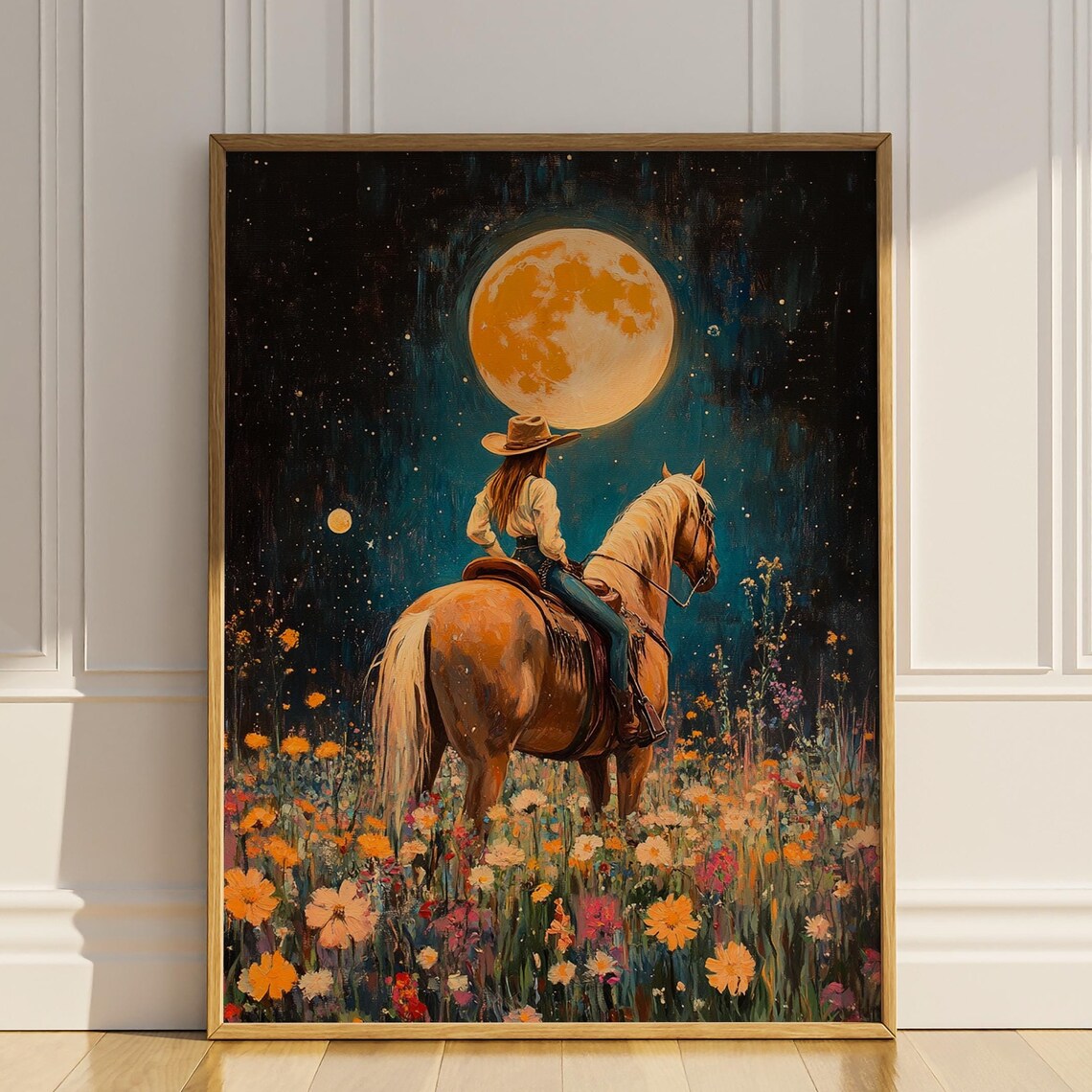 Cowgirl Riding Horse in Wildflowers, Boho Western Art Print