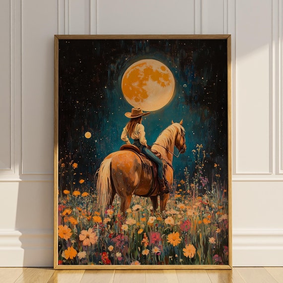 Cowgirl Riding Horse in Wildflowers, Boho Western Art Print