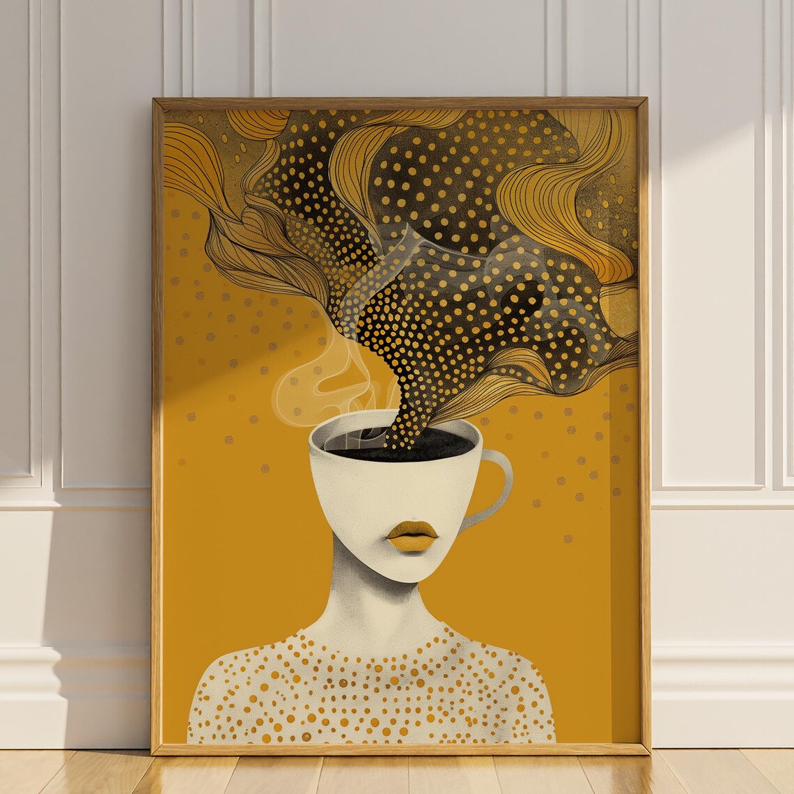 Surreal Coffee Cup Woman Head Golden Steam Mustard Art Poster