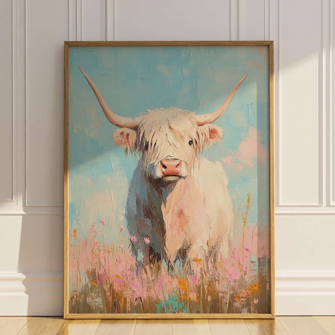 Highland Cow Wildflowers Poster Print Boho Style Vintage Wall Art Western Wall Decor Floral Oil Painting Cute Farm Animal Gift Matte Poster