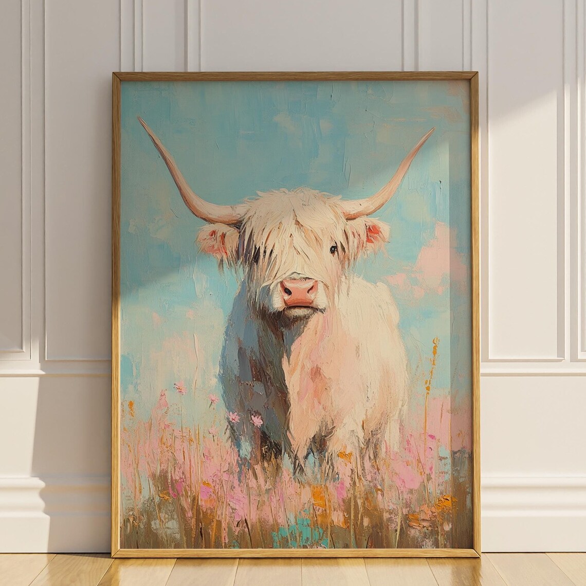 White Highland Cow Wildflower Meadow Rustic Pastel Animal Poster