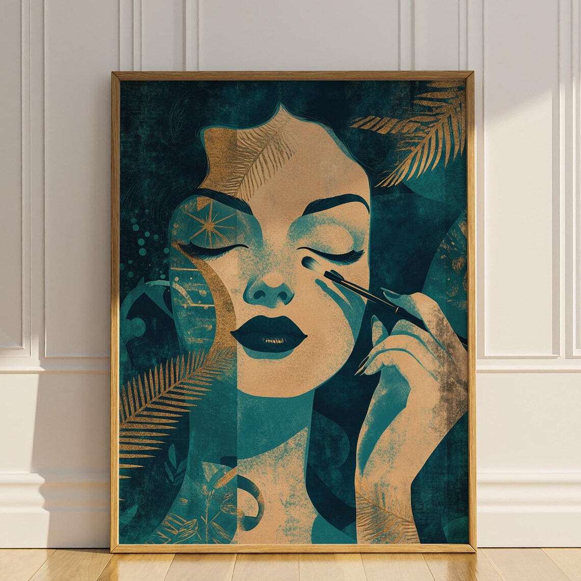 Teal Gold Beauty Portrait Woman Applying Eyeshadow Floral Art Poster