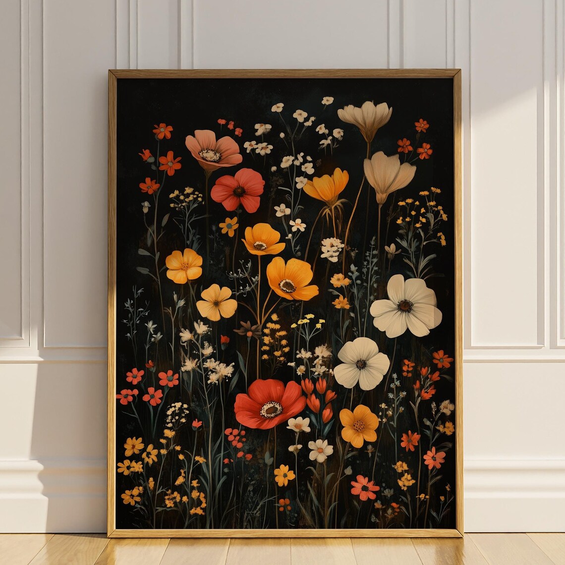 Colorful Poppies Blooming on Black Moody Botanical Night Poster