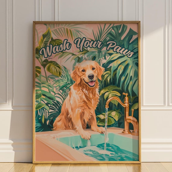 Wash Your Paws Golden Retriever Bathroom Art Print