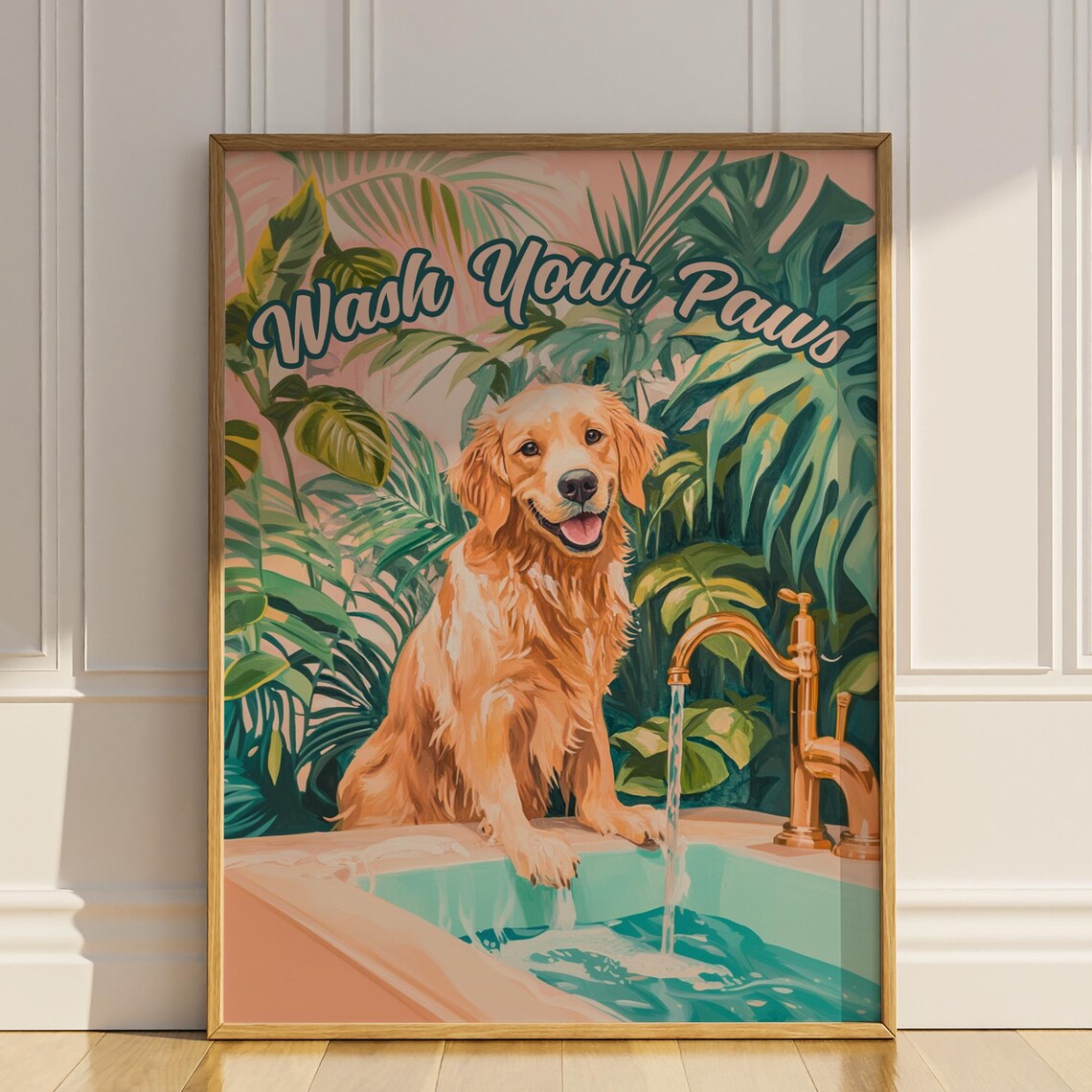 Wash Your Paws Golden Retriever Bathroom Art Print