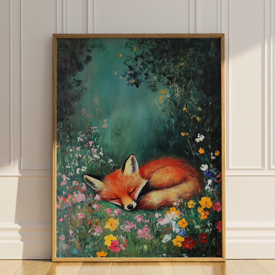 Fox Sleeping Wildflower Wall Art Oil Painting Floral Kids Room Nursery Wall Decor Cute Fox Lover Gift