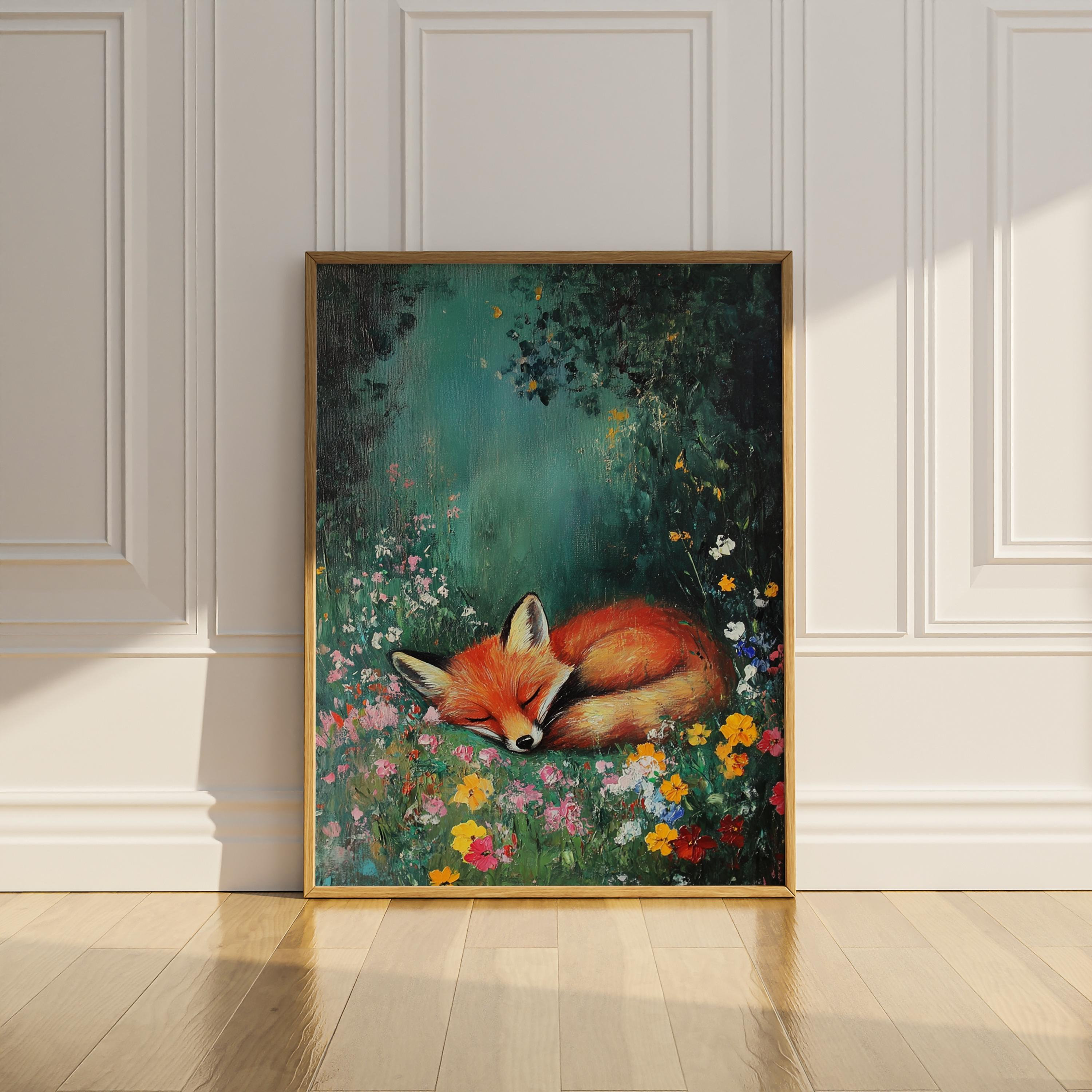Sleeping Red Fox Curled In Wildflowers Forest Oil Painting Poster