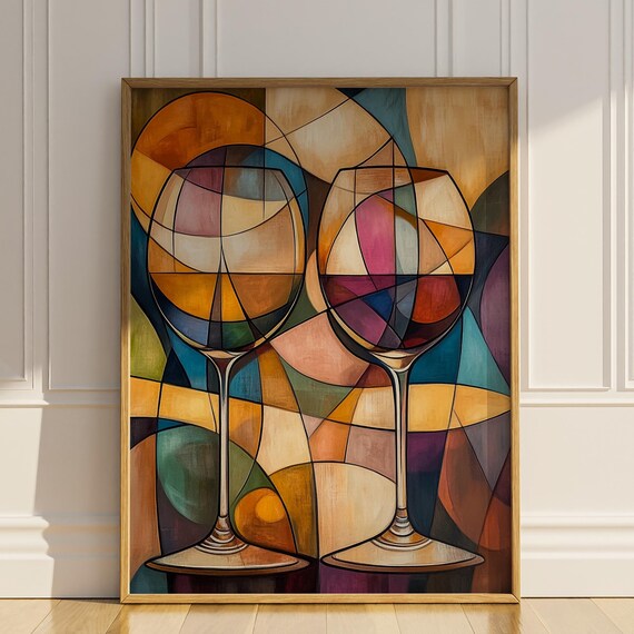 Rounded Mosaic Wine Glasses in Jewel Tone Cubist Style Poster