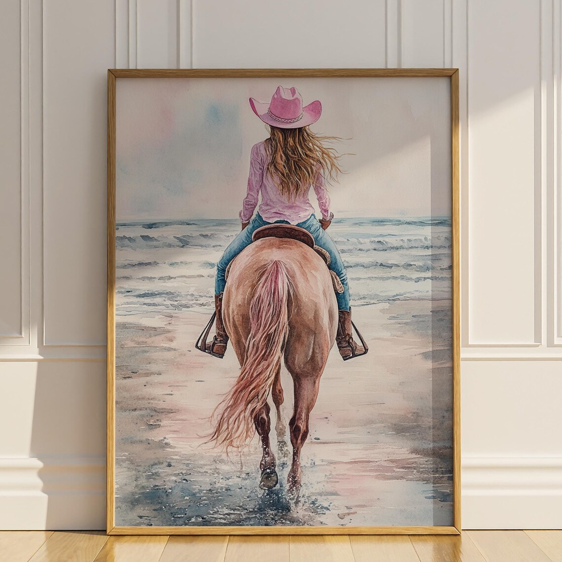 Coastal Cowgirl Horse Riding Art Print, Watercolor